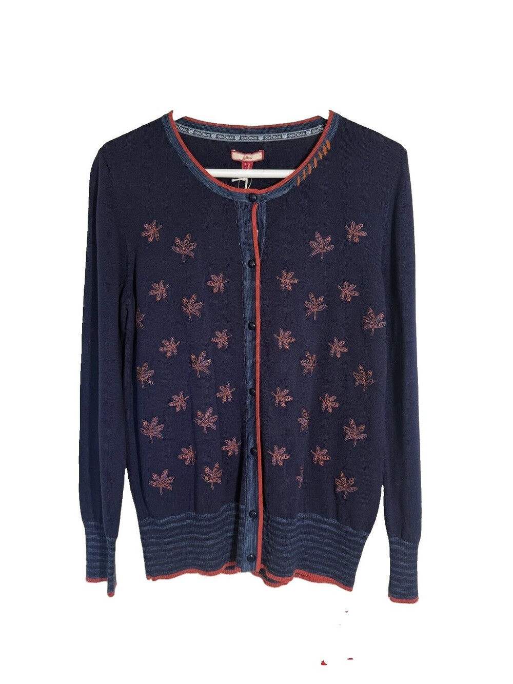 🍁NWT Joe Browns Embroidered Leaf Boho Knit Cardigan Sweater Navy Orange M Medium
